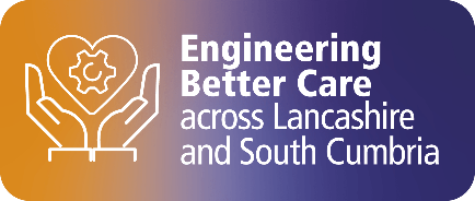 Engineering better care across lancashire and south cumbria graphic with two open hands cradling a heart with a cog inside