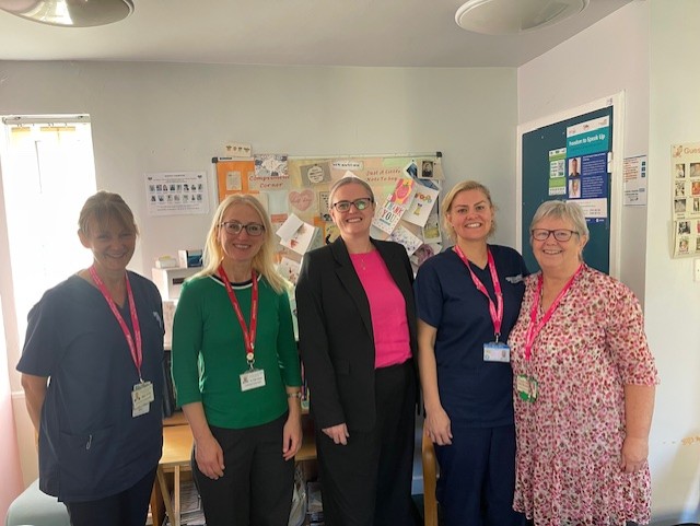 Left to right. Helen Smith, Consultant Radiographer. Olga Shaw, Consultant Radiologist. Lizzi Collinage MP. Louise Ogden, Macmillan Care Specialist Nurse. Carol Brearley, Macmillan Breast Care Specialst Nurse