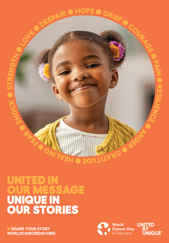 World Cancer Day poster featuring a young black girl smiling towards the camera.